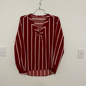 Red Striped Long Sleeve V Neck Blouse